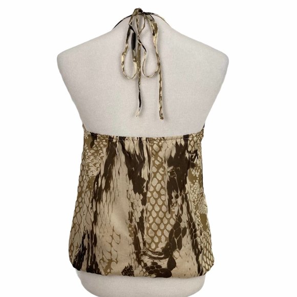 Hale Bob Silk Snake Print Blouson Halter Top Size S Lace Trim Lined Tan Brown - Picture 2 of 7
